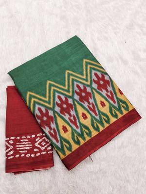 Green ikkat print soft pure cotton saree with blouse. 5