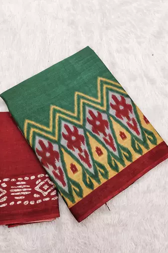 Green ikkat print soft pure cotton saree with blouse.