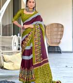 Mehendi ikkat print soft pure cotton saree with blouse.