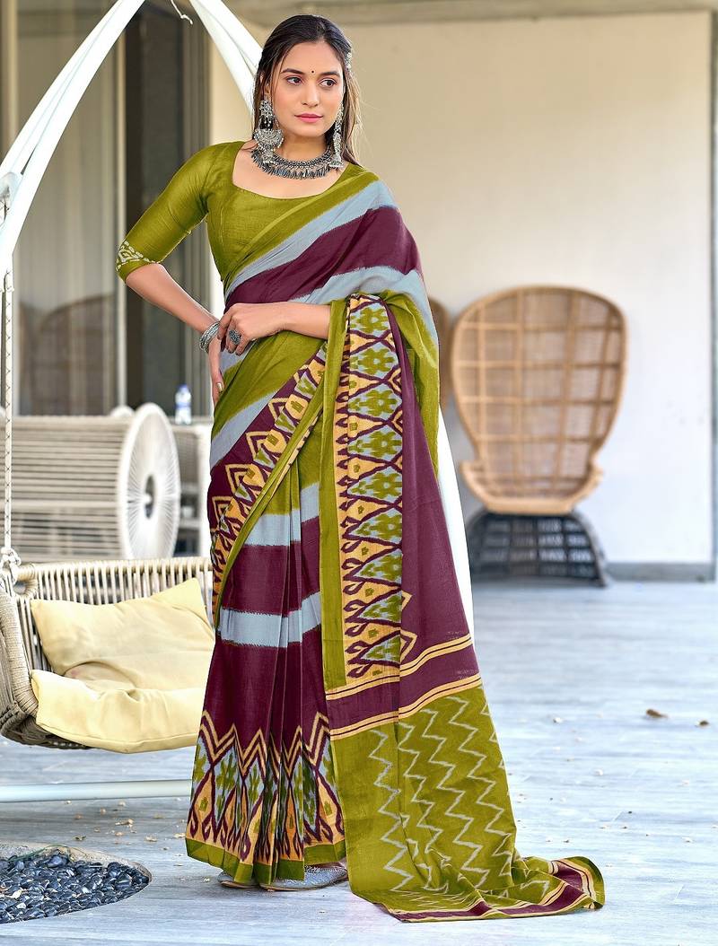 Mehendi ikkat print soft pure cotton saree with blouse.