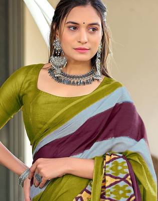 Mehendi ikkat print soft pure cotton saree with blouse. 2
