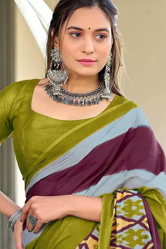 Mehendi ikkat print soft pure cotton saree with blouse.