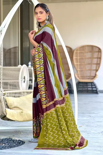 Mehendi ikkat print soft pure cotton saree with blouse.