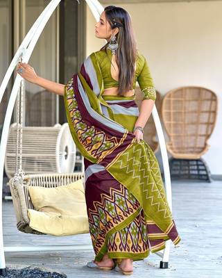 Mehendi ikkat print soft pure cotton saree with blouse. 4