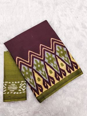 Mehendi ikkat print soft pure cotton saree with blouse. 5