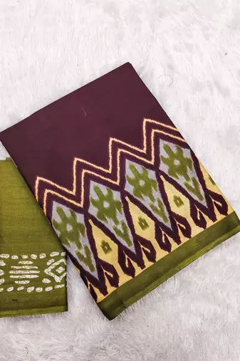 Mehendi ikkat print soft pure cotton saree with blouse.