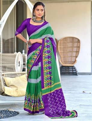 Purple ikkat print soft pure cotton saree with blouse. 1