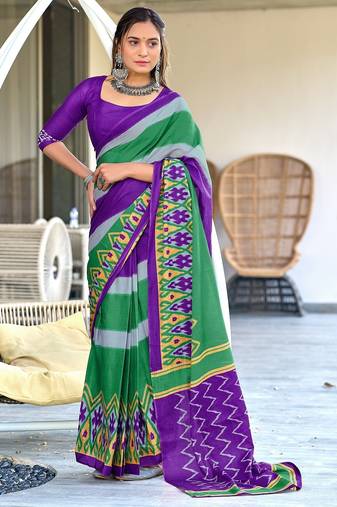 Purple ikkat print soft pure cotton saree with blouse.