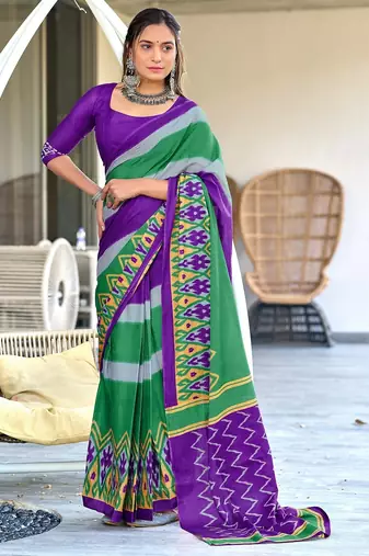 Purple ikkat print soft pure cotton saree with blouse.