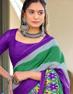 Purple ikkat print soft pure cotton saree with blouse. 2