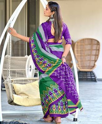 Purple ikkat print soft pure cotton saree with blouse. 4