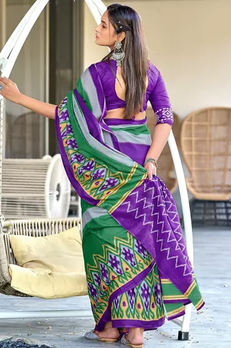 Purple ikkat print soft pure cotton saree with blouse.