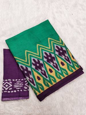 Purple ikkat print soft pure cotton saree with blouse. 5