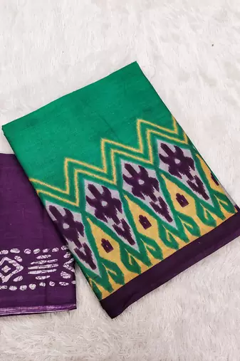 Purple ikkat print soft pure cotton saree with blouse.