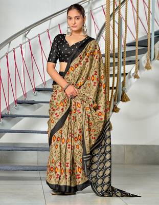 Beige ikkat print soft pure cotton saree with blouse. 1