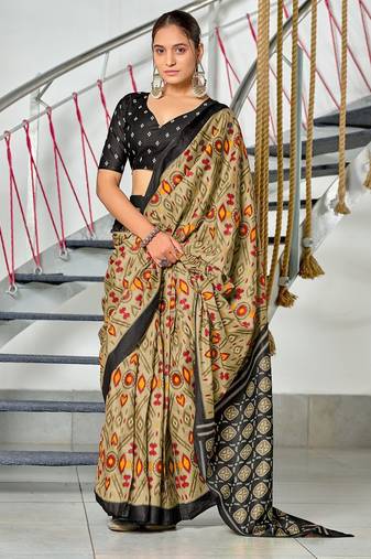 Beige ikkat print soft pure cotton saree with blouse.