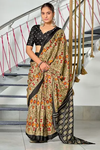Beige ikkat print soft pure cotton saree with blouse.