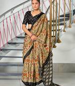 Beige ikkat print soft pure cotton saree with blouse.