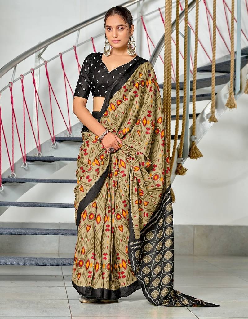 Beige ikkat print soft pure cotton saree with blouse.