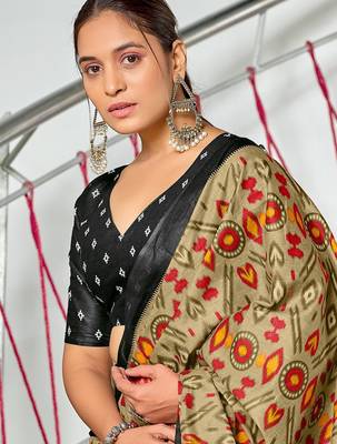 Beige ikkat print soft pure cotton saree with blouse. 2