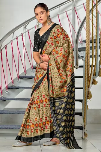 Beige ikkat print soft pure cotton saree with blouse.