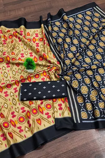 Beige ikkat print soft pure cotton saree with blouse.