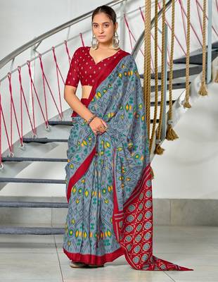 Grey ikkat print soft pure cotton saree with blouse. 1