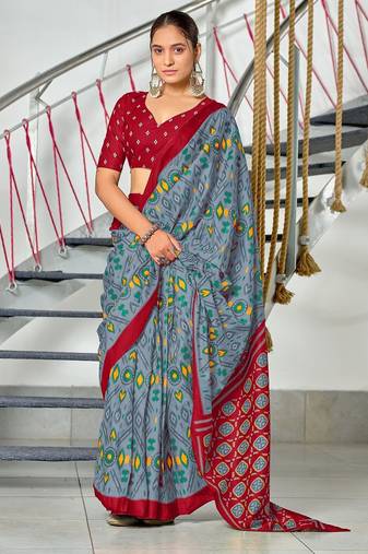 Grey ikkat print soft pure cotton saree with blouse.