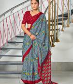Grey ikkat print soft pure cotton saree with blouse.
