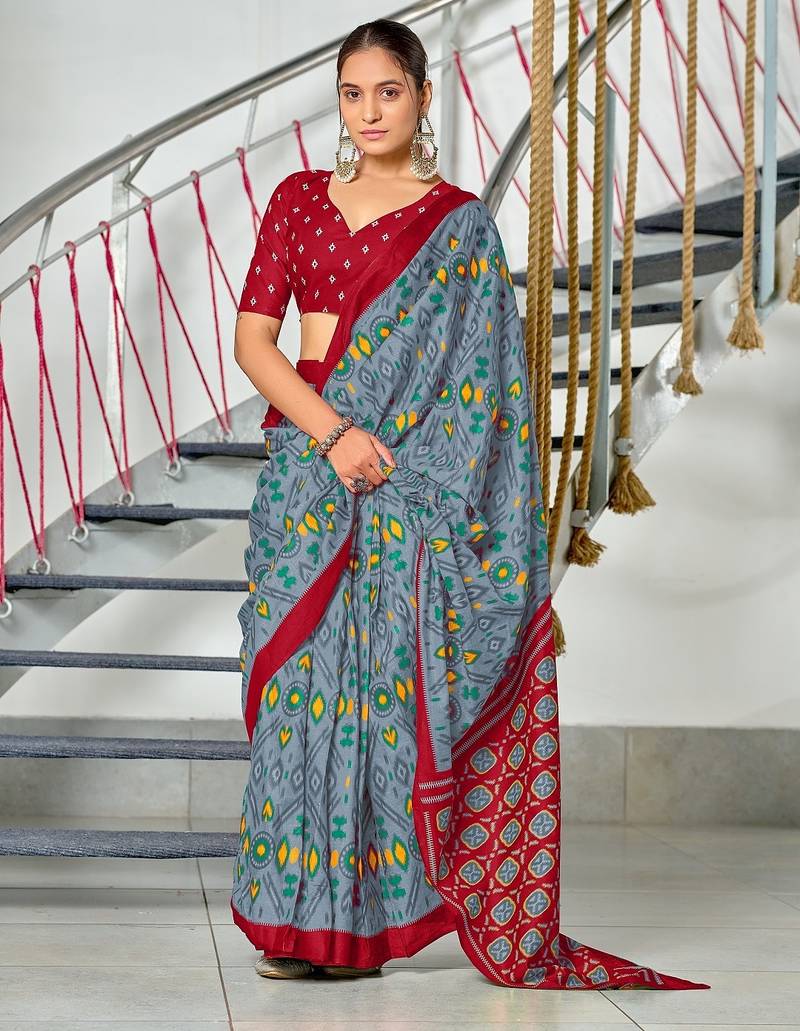 Grey ikkat print soft pure cotton saree with blouse.