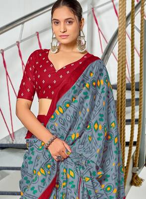 Grey ikkat print soft pure cotton saree with blouse. 2