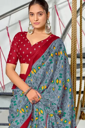 Grey ikkat print soft pure cotton saree with blouse.