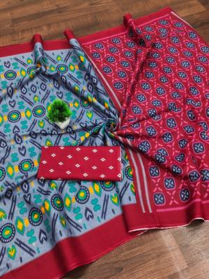 Grey ikkat print soft pure cotton saree with blouse. 5