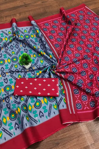Grey ikkat print soft pure cotton saree with blouse.