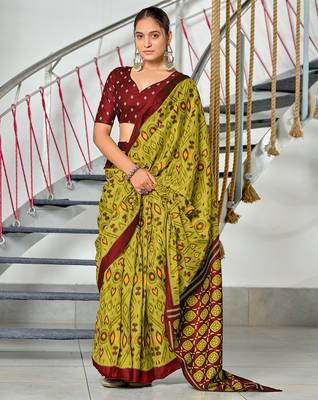 Lime yellow ikkat print soft pure cotton saree with blouse. 1