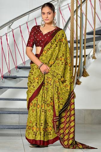 Lime yellow ikkat print soft pure cotton saree with blouse.