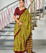 Lime yellow ikkat print soft pure cotton saree with blouse.
