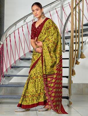 Lime yellow ikkat print soft pure cotton saree with blouse. 3