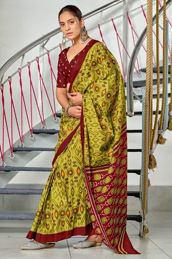Lime yellow ikkat print soft pure cotton saree with blouse.