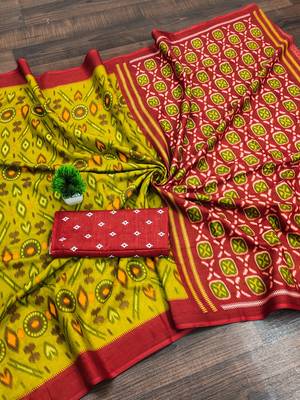 Lime yellow ikkat print soft pure cotton saree with blouse. 5