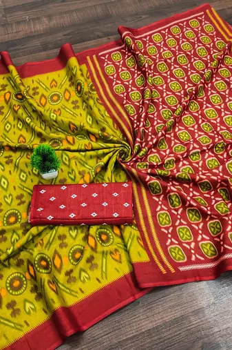 Lime yellow ikkat print soft pure cotton saree with blouse.