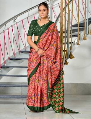 Peach ikkat print soft pure cotton saree with blouse. 1