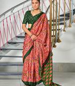 Peach ikkat print soft pure cotton saree with blouse.