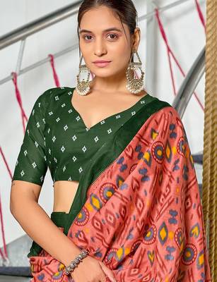 Peach ikkat print soft pure cotton saree with blouse. 2