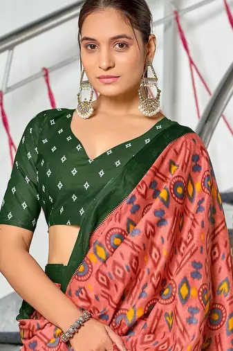 Peach ikkat print soft pure cotton saree with blouse.