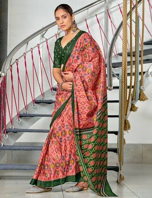 Peach ikkat print soft pure cotton saree with blouse. 3