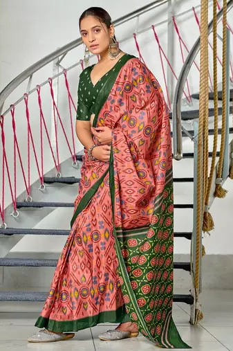 Peach ikkat print soft pure cotton saree with blouse.