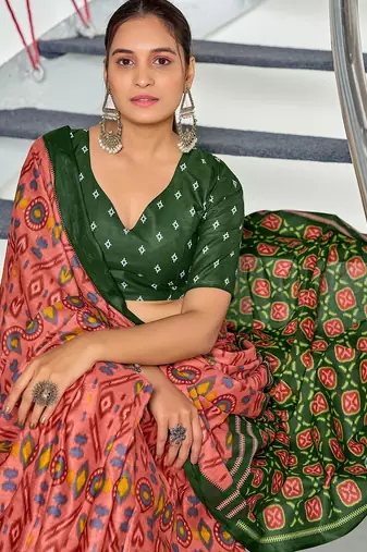Peach ikkat print soft pure cotton saree with blouse.