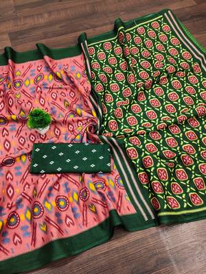 Peach ikkat print soft pure cotton saree with blouse. 5