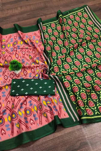 Peach ikkat print soft pure cotton saree with blouse.